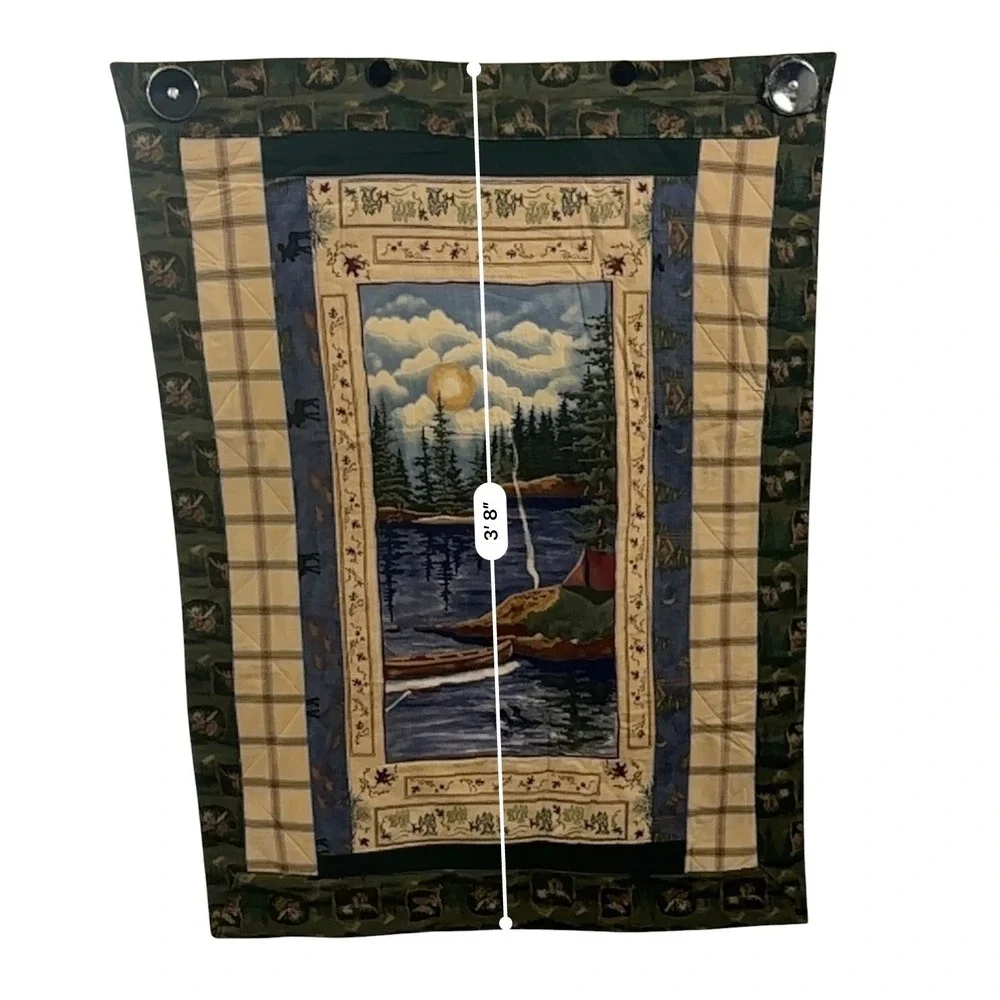 Rustic Wilderness Quilted Wall Hanging Lake Cabin Lodge Scene Moose Print 34x44